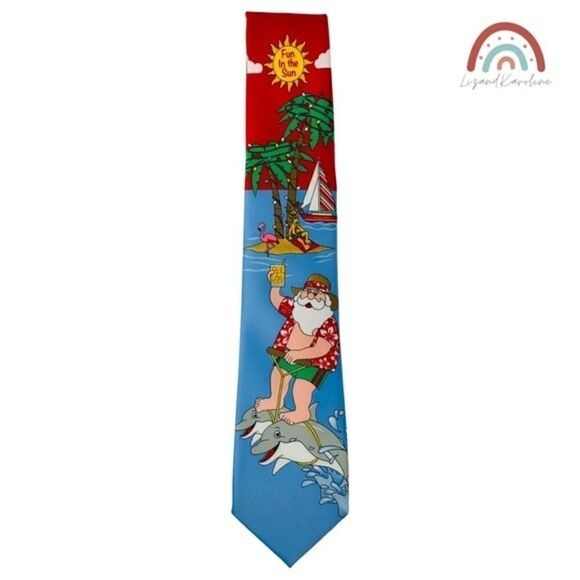 New! Hallmark Holiday Traditions Santa Sun Dolphins Beach Christmas Cartoon Tie - Picture 1 of 6